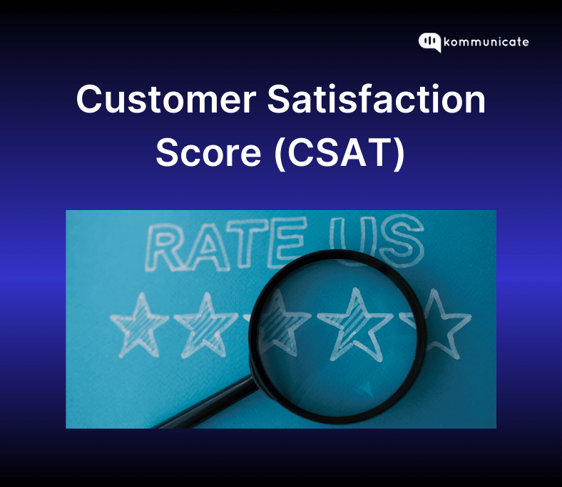 Image featuring the text 'Customer Satisfaction Score (CSAT)' at the top with a magnifying glass focused on a 5-star rating system and the words 'Rate Us' in the background.