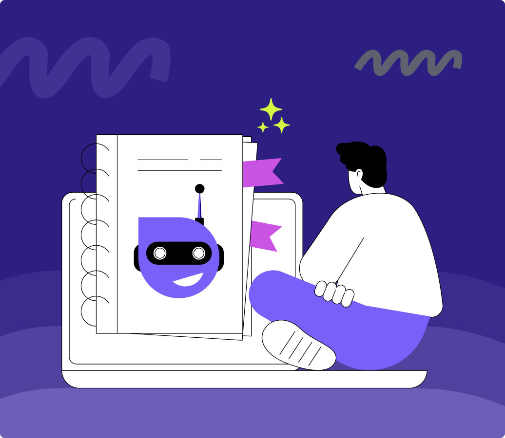 Illustration of a person sitting cross-legged next to a large laptop, with a book displaying a happy robot face icon propped against the laptop screen. The background features abstract wave shapes in shades of purple and dark blue. This image is the main banner for the content titled Ultimate Guide to AI Customer Service.