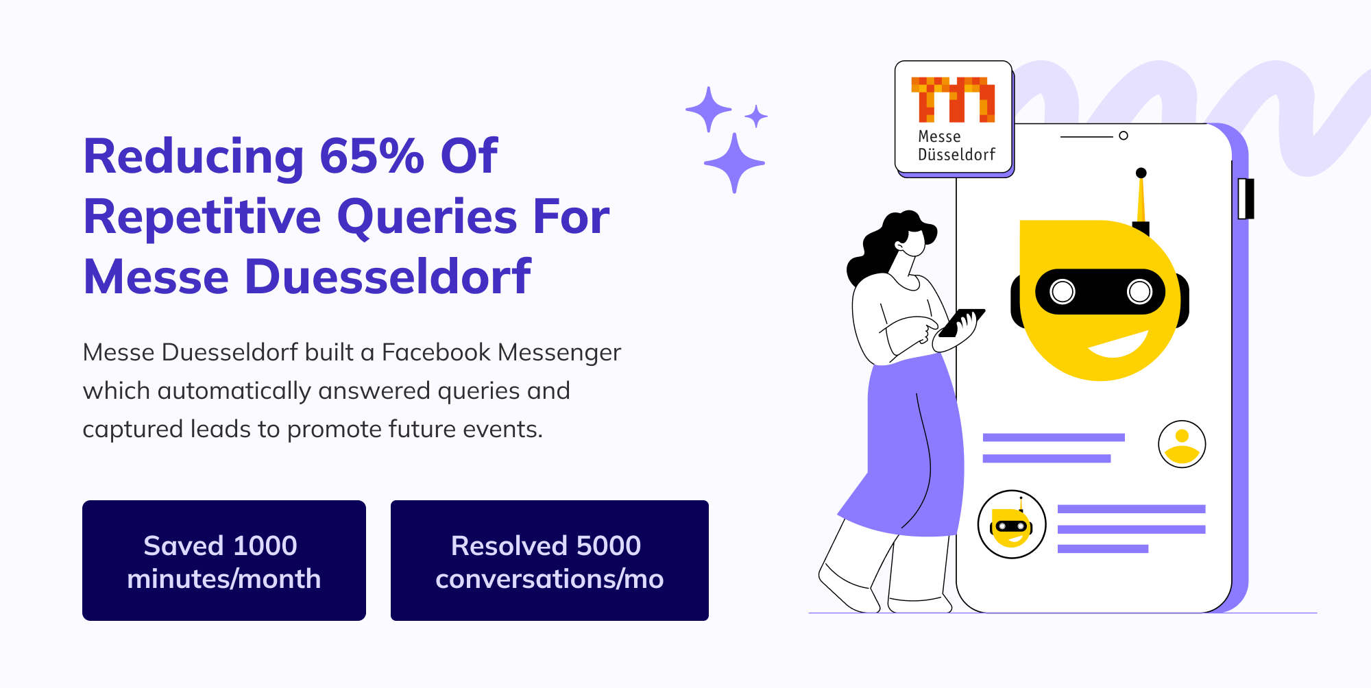 Graphic with the title 'Reducing 65% Of Repetitive Queries For Messe Duesseldorf' on the left side, detailing how Messe Duesseldorf built a Facebook Messenger bot to automatically answer queries and capture leads for future events. Below the text, two highlighted stats are 'Saved 1000 minutes/month' and 'Resolved 5000 conversations/mo'. On the right side, an illustration depicts a person holding a tablet next to a large smartphone screen displaying a cheerful yellow robot face.